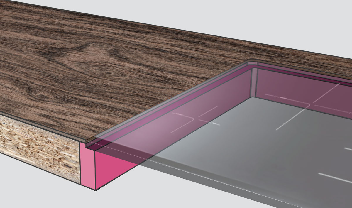 Flush installation of a hob in a laminate worktop with a frame made of cast resins (schematic representation)